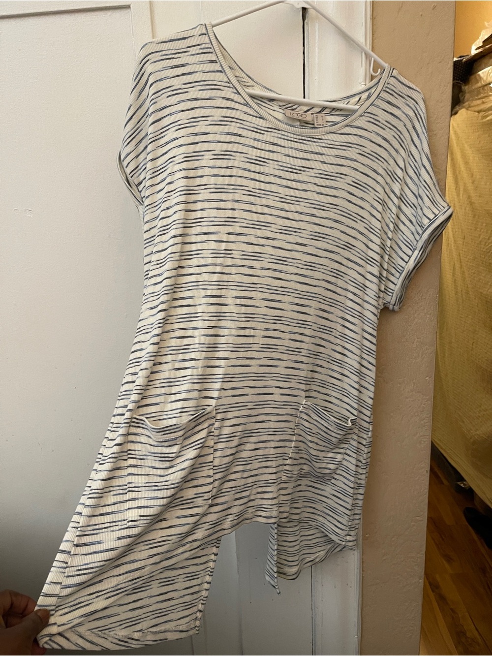 LOGO by Lori Goldstein Cream Short-Sleeve Shirt with Blue Stripes (NWOT)